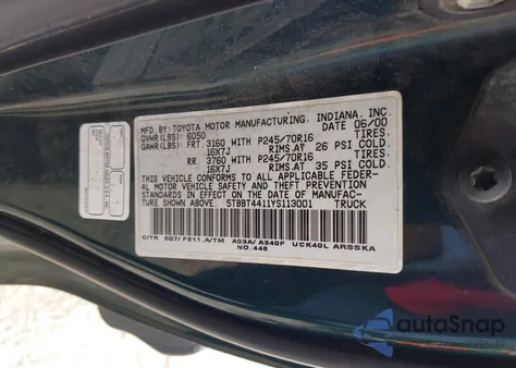 2000 Toyota Tundra Sr5 V8 из США, поврежденный, VIN 5TBBT4411YS113001